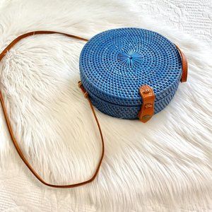Blue Crossbody Straw Rattan Circle Bag Paisley Print Interior Leather Strap